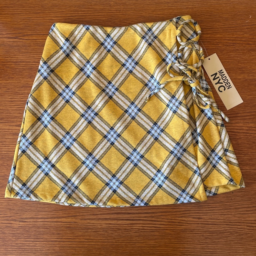 Madden NYC Side Lace Yellow Plaid Mini Skirt Preppy Y2K Academia‎ School Girl - Picture 2 of 16